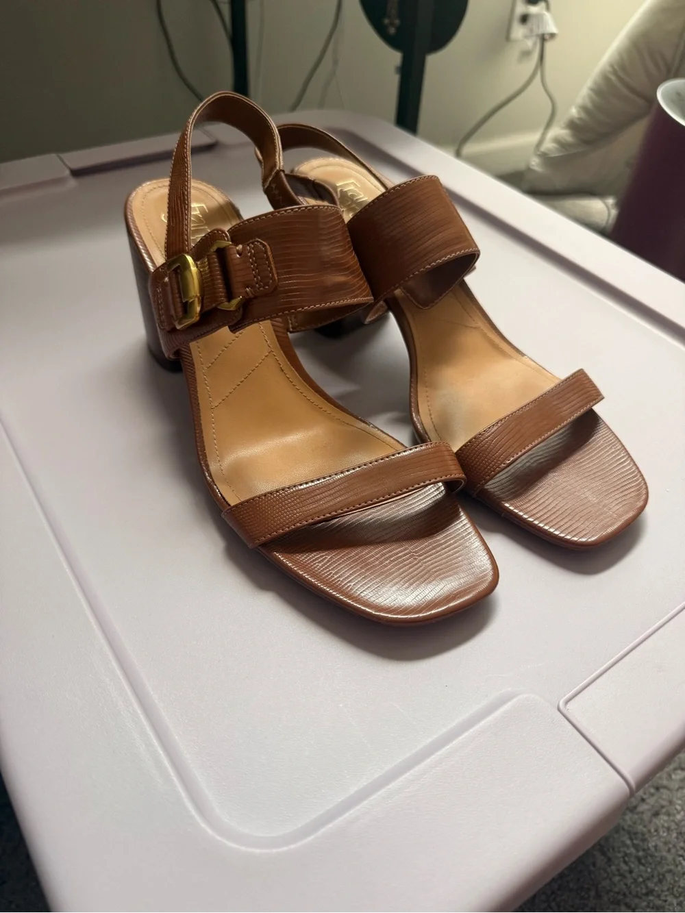 Franco Sarto Brown Textured Leather Block Heel Sandals
